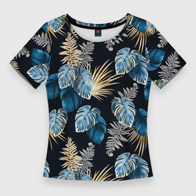 Женская футболка 3D Slim с принтом Свет неоновых листьев ,  |  | 3d | 3д | лист | листья | неон | неоновая | неоновое | неоновый | паттерн | свет | свечение | текстура