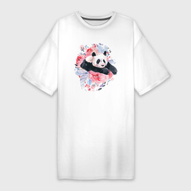 Платье-футболка хлопок с принтом Панда среди летних цветов ,  |  | ears | eyes | flowers | muzzle | nose | panda | paws | summer | глаза | лапы | лето | нос | панда | уши | цветы
