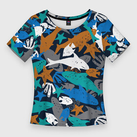 Женская футболка 3D Slim с принтом Акула и другие обитатели океана ,  |  | anchor | coral | fish | ocean | pattern | sea | shark | starfish | акула | коралл | море | морская звезда | океан | паттерн | рыба | якорь