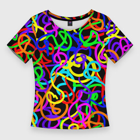 Женская футболка 3D Slim с принтом Неоновый беспорядок ,  |  | gradient | neon | neon stripes | pop | rainbow | stripes | texture | абстрактный рисунок | абстракция | градиент | граффити | каракули | красочный узор | линии | неоновый принт | орнамент | полосы | поп | радужный