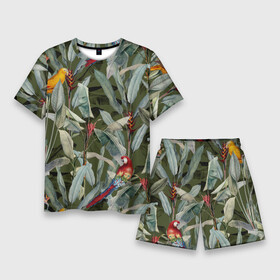 Мужской костюм с шортами 3D с принтом Попугаи и Цветы Зелёные Джунгли ,  |  | flowers | jungles | parrots | summer | букет | джунгли | лето | попугаи | природа | растение | сад | садоводство | флора | цветы
