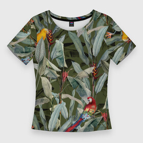 Женская футболка 3D Slim с принтом Попугаи и Цветы Зелёные Джунгли ,  |  | flowers | jungles | parrots | summer | букет | джунгли | лето | попугаи | природа | растение | сад | садоводство | флора | цветы