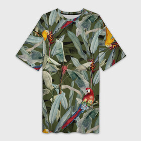 Платье-футболка 3D с принтом Попугаи и Цветы Зелёные Джунгли ,  |  | flowers | jungles | parrots | summer | букет | джунгли | лето | попугаи | природа | растение | сад | садоводство | флора | цветы
