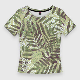 Женская футболка 3D Slim с принтом Зелёные и Белые Листья Джунглей ,  |  | green | jungles | leaves | summer | white | белый | букет | джунгли | зелёный | лето | листья | природа | растение | флора