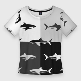 Женская футболка 3D Slim с принтом Стая акул  pattern ,  |  | fin | pack | pattern | shark | tail | акула | паттерн | плавник | стая | хвост