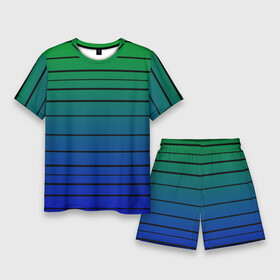 Мужской костюм с шортами 3D с принтом Черные полосы на синем, зеленом градиенте ,  |  | Тематика изображения на принте: black stripes | blue | gradient | green | horizontal | lines | minimalism | ombre | simple | striped | stripes | горизонталь | градиент | зеленый | линии | минимализм | омбре | полосатый | полосы | простой | синий | черные полосы