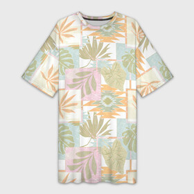 Платье-футболка 3D с принтом Этнический, тропический лоскутный ,  |  | ethnic | green | leaves | mexican | monstera | orange | ornament | palm | palm leaf | patchwork | tribal | tropical | white | белый | зеленый | лист пальмы | листья | лоскутный | мексиканский | монстера | оранжевый | орнамент | пальма | пастель | племенно