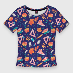 Женская футболка 3D Slim с принтом Школьные атрибуты ,  |  | 1 сентярбря | день знаний | листья | осень | первоклассник | школа