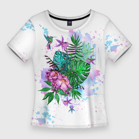 Женская футболка 3D Slim с принтом Тропический букет с колибри ,  |  | Тематика изображения на принте: акварель | акварельный | букет | колибри | лето | лист пальмы | листья | монстера | отдых | птица | птичка | райская птица | растения | тропики | тропический | цветы | экзотика | экзотические цветы
