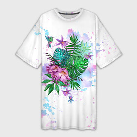 Платье-футболка 3D с принтом Тропический букет с колибри ,  |  | акварель | акварельный | букет | колибри | лето | лист пальмы | листья | монстера | отдых | птица | птичка | райская птица | растения | тропики | тропический | цветы | экзотика | экзотические цветы