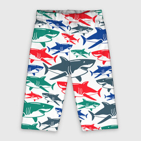 Велосипедки 3D с принтом Стая разноцветных акул  паттерн ,  |  | color | fin | jaw | pack | pattern | shark | summer | tail | teeth | акула | зубы | лето | пасть | паттерн | плавник | стая | хвост | цвет