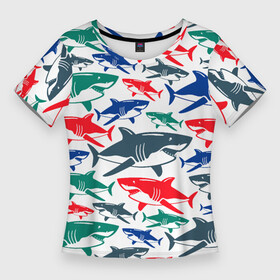 Женская футболка 3D Slim с принтом Стая разноцветных акул  паттерн ,  |  | color | fin | jaw | pack | pattern | shark | summer | tail | teeth | акула | зубы | лето | пасть | паттерн | плавник | стая | хвост | цвет