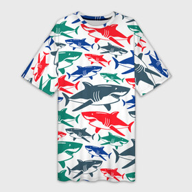 Платье-футболка 3D с принтом Стая разноцветных акул  паттерн ,  |  | color | fin | jaw | pack | pattern | shark | summer | tail | teeth | акула | зубы | лето | пасть | паттерн | плавник | стая | хвост | цвет