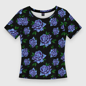 Женская футболка 3D Slim с принтом Сапфировые розы на черном ,  |  | вечерний | паттерн | розочки | розы | сапфир | сапфировый | темный | цветочки | цветы