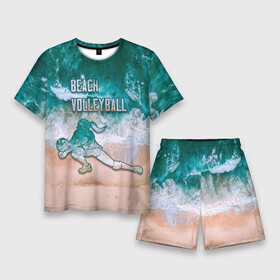 Мужской костюм с шортами 3D с принтом Beach volleyball ocean theme ,  |  | волейбол | море | пляж | пляжный волейбол | спорт