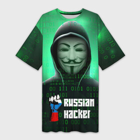Платье-футболка 3D с принтом Russian hacker green ,  |  | hack | hacker | rus | russia | welcome to russia | анонимус | герб | герб россии | из россии | патриотизм | российская федерация | россия | русский | рф | хак | хакер