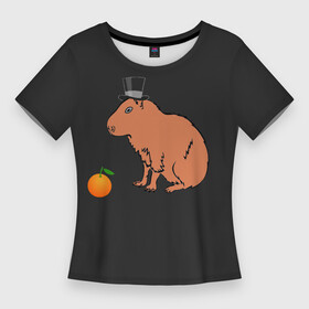 Женская футболка 3D Slim с принтом Капибара в цилиндре ,  |  | capybara | апельсин около капибары | капибара в шляпе | капибара мем | капибара с апельсином | морская свинка | покерфейс капибара | цилиндр