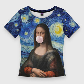Женская футболка 3D Slim с принтом Мона Лиза Приколы  Звездная ночь ,  |  | ван гог | джоконда | картина | леонардо да винчи | мем