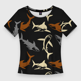 Женская футболка 3D Slim с принтом Стая акул  паттерн  ночной океан ,  |  | fin | jaw | night | ocean | pack | pattern | shark | tail | teeth | акула | зубы | ночь | океан | пасть | паттерн | плавник | стая | хвост