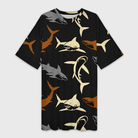 Платье-футболка 3D с принтом Стая акул  паттерн  ночной океан ,  |  | fin | jaw | night | ocean | pack | pattern | shark | tail | teeth | акула | зубы | ночь | океан | пасть | паттерн | плавник | стая | хвост