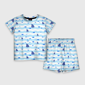Детский костюм с шортами 3D с принтом Волны, рыбки и плавники акул  паттерн ,  |  | fin | fish | pattern | shark | wave | акула | волна | паттерн | плавник | рыба