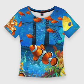 Женская футболка 3D Slim с принтом Затонувший корабль в окружении обитателей океана ,  |  | coral | fish | ocean | seaweed | ship | водоросли | корабль | кораллы | океан | рыбы