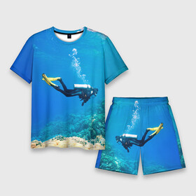 Мужской костюм с шортами 3D с принтом Аквалангист исследует коралловый риф ,  |  | ammunition | coral | diver | flippers | mask | ocean | reef | аквалангист | амуниция | коралл | ласты | маска | океан | риф