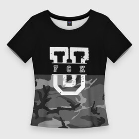 Женская футболка 3D Slim с принтом FCK gray military ,  |  | camouflage | censored | dark | fck | gray | military | phrase | text | аббревиатура | буквы | военный | камуфляж | латиница | мат | надпись | серый | слово | текст | темный | фраза