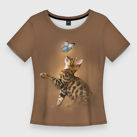 Женская футболка 3D Slim с принтом Бенгал котенок ,  |  | bengal cat | бабочка | бенгал | бенгальская кошка | бенгальский кот | бенгальский котенок | порода бенгал | снежный бенгал