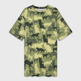 Платье-футболка 3D с принтом Кошачий камуфляж в зеленой гамме ,  |  | Тематика изображения на принте: camouflage | камуфляж | коты | маскировка | паттерн