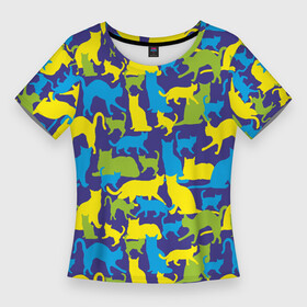 Женская футболка 3D Slim с принтом Синий кошачий камуфляж ,  |  | Тематика изображения на принте: животное | камуфляж | коты | кошки | паттерн