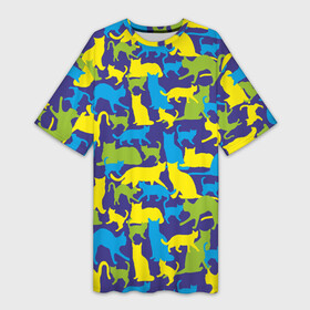 Платье-футболка 3D с принтом Синий кошачий камуфляж ,  |  | Тематика изображения на принте: животное | камуфляж | коты | кошки | паттерн