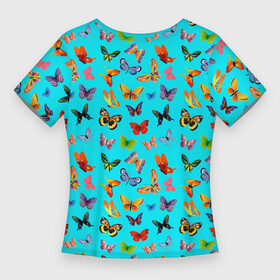 Женская футболка 3D Slim с принтом Colorful butterflies ,  |  | beautiful | blue | butterfly | green | insect | nature | pattern | pink | purple | rainbow | summer | wings | yellow | бабочки | желтый | зеленый | красивый | красочные | крылья | летний | насекомое | природа | радуга | розовый | синий | узор