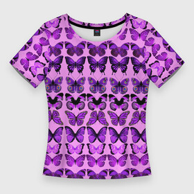 Женская футболка 3D Slim с принтом Purple butterflies ,  |  | background | beautiful | colorful | insect | pattern | wings | бабочки | красивый | красочные | крылья | насекомое | узор | фиолетовый | фон