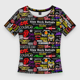 Женская футболка 3D Slim с принтом Best rock ballads ,  |  | ac dc | black sabbath | bon jovi | deep purple | guns n roses | iron maiden | kiss | led zeppelin | nirvana | pink floyd | queen | rolling stones | slayer | the beatles | u2