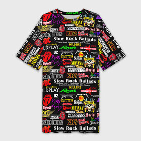 Платье-футболка 3D с принтом Best rock ballads ,  |  | ac dc | black sabbath | bon jovi | deep purple | guns n roses | iron maiden | kiss | led zeppelin | nirvana | pink floyd | queen | rolling stones | slayer | the beatles | u2