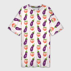 Платье-футболка 3D с принтом Баклажаны и персики паттерн ,  |  | Тематика изображения на принте: баклажан | баклажаны | веганство | еда | овощи | паттерн | персик | персики | фрукты