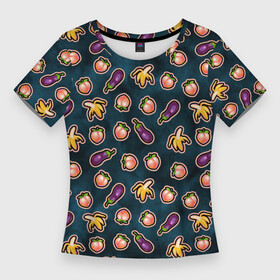 Женская футболка 3D Slim с принтом Баклажаны персики бананы паттерн ,  |  | баклажан | баклажаны | банан | бананы | веганство | еда | овощи | паттерн | персик | персики | фрукты
