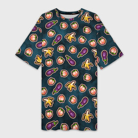 Платье-футболка 3D с принтом Баклажаны персики бананы паттерн ,  |  | Тематика изображения на принте: баклажан | баклажаны | банан | бананы | веганство | еда | овощи | паттерн | персик | персики | фрукты