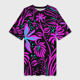 Платье-футболка 3D с принтом Purple flowers pattern ,  |  | beautiful | black | blue | colorful | floral | красивый | красочный | узор | фиолетовый | цветочный | черный