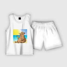 Детская пижама с шортами хлопок с принтом Капибара на пляже ,  |  | Тематика изображения на принте: капибара | лето | отдых | пляж