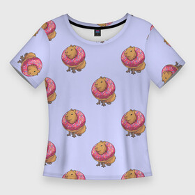 Женская футболка 3D Slim с принтом Капибара в пончике паттерн ,  |  | capybara | kapibara | животное | капибара | пончик | пончики