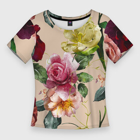 Женская футболка 3D Slim с принтом Цветы Нарисованные Красные Розы и Лилии ,  |  | flowers | summer | букет | красный | лето | лилии | нарисованные | природа | растение | роза | розы | сад | садоводство | флора | цветы
