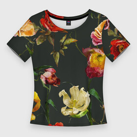 Женская футболка 3D Slim с принтом Цветы Нарисованные Красные Розы и Лилии На Коричневом Фоне ,  |  | flowers | summer | букет | коричневый | красный | лето | лилии | нарисованные | природа | растение | роза | розы | сад | садоводство | флора | цветы