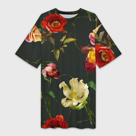 Платье-футболка 3D с принтом Цветы Нарисованные Красные Розы и Лилии На Коричневом Фоне ,  |  | flowers | summer | букет | коричневый | красный | лето | лилии | нарисованные | природа | растение | роза | розы | сад | садоводство | флора | цветы
