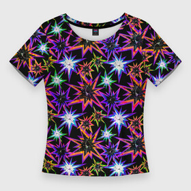 Женская футболка 3D Slim с принтом Неоновые звезды на черном ,  |  | abstract | black | bright | green | grunge | neon | neon stars | orange | red | retro | stars | абстрактный | гранж | звезды | зеленый | красный | неоновые звезды | неоновый | оранжевый | ретро | черный | яркий