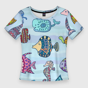 Женская футболка 3D Slim с принтом Кит, черепаха, акула и другие обитатели океана ,  |  | fish | jellyfish | seahorse | shark | shell | turtle | whale | акула | кит | медуза | морской конёк | ракушка | рыба | черепаха