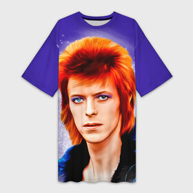 Платье-футболка 3D с принтом Дэвид Боуи в синей куртке ,  |  | 1970s | 70е | bowie | david bowie | glam | glam rock | glitter | music | retro | rock | rock n roll | starman | stars | ziggy stardust | блестки | боуи | дэвид боуи | звезды | зигги стардаст | музыка | рок н ролл | рыжий | стармэн