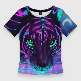 Женская футболка 3D Slim с принтом Светящийся неоновый тигр ,  |  | 3d | 3д | animal | neon | tiger | неон | неоновый тигр | тигр | тигрица
