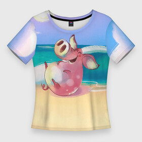 Женская футболка 3D Slim с принтом свинка на пляже хохочет ,  |  | свин | свинка | свинья | свинья смеется | смех | хохочет